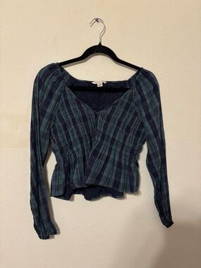 American Eagle Outfitters Navy and Green Plaid Peplum Long-Sleeve Top